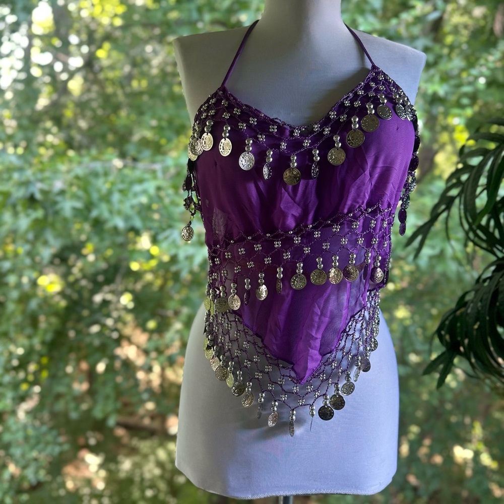 Purple Halter Top/ belly dancing top with silver coin design /going out top